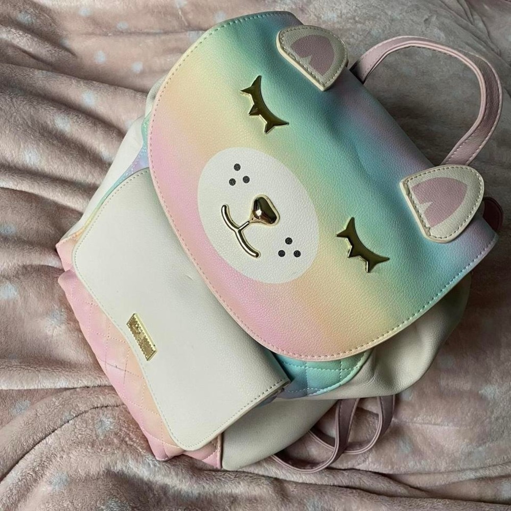 Betsey Johnson cat backpack  in Rainbow and white